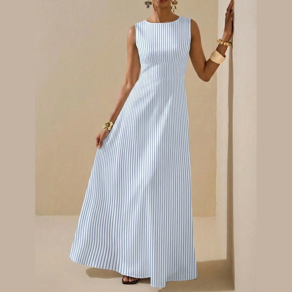 Blue White Pinstripe Sleeveless A-Line Maxi Dress